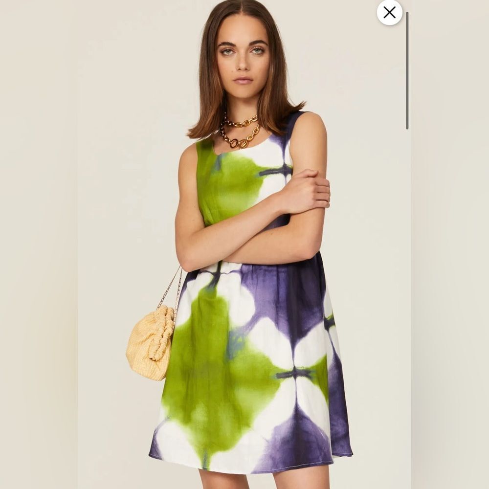 Busayo Green Purple Tie-Dye Linen Dress Size 8 Sleeveless A-Line